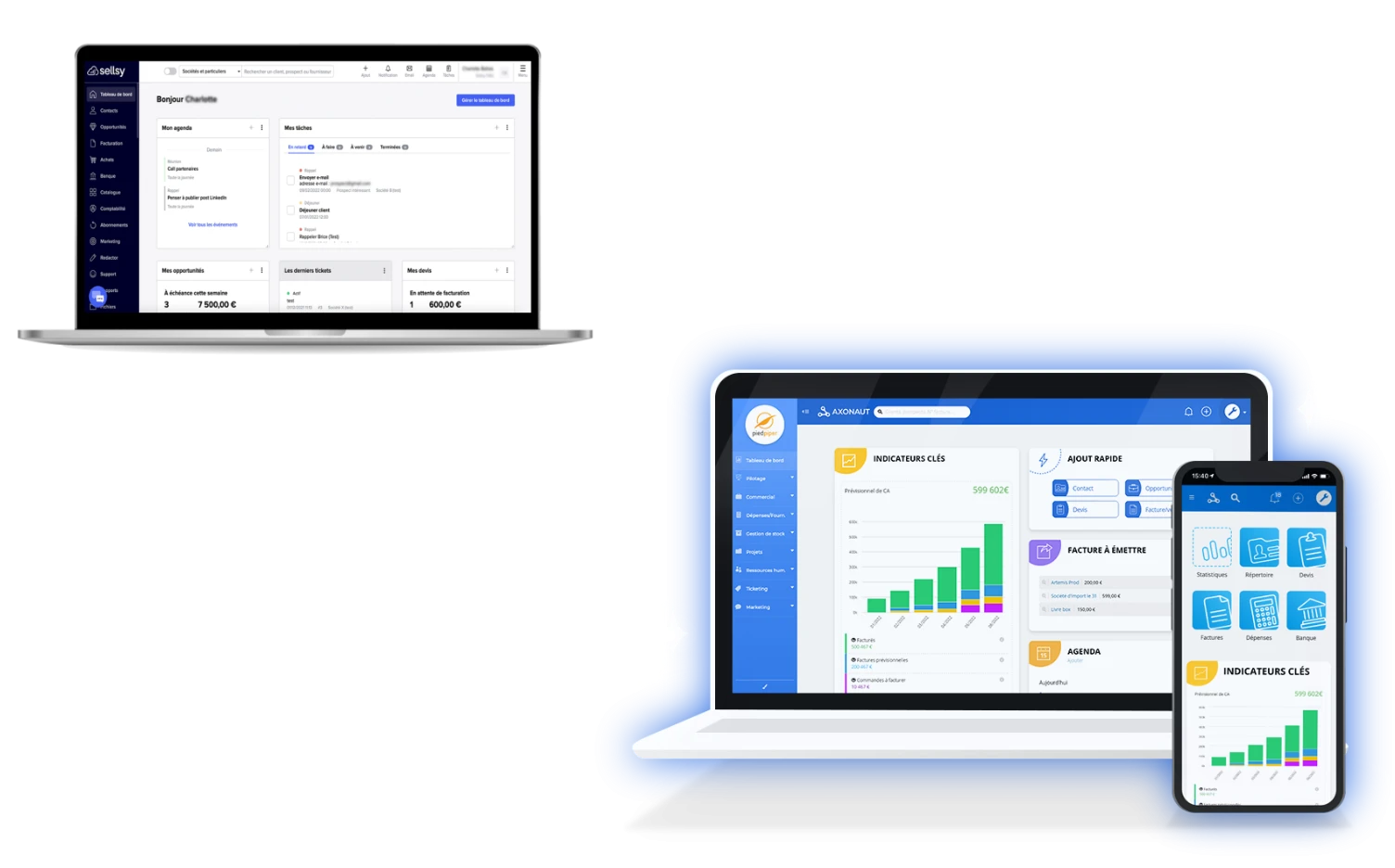 Illustration des interfaces de Sellsy et d'Axonaut